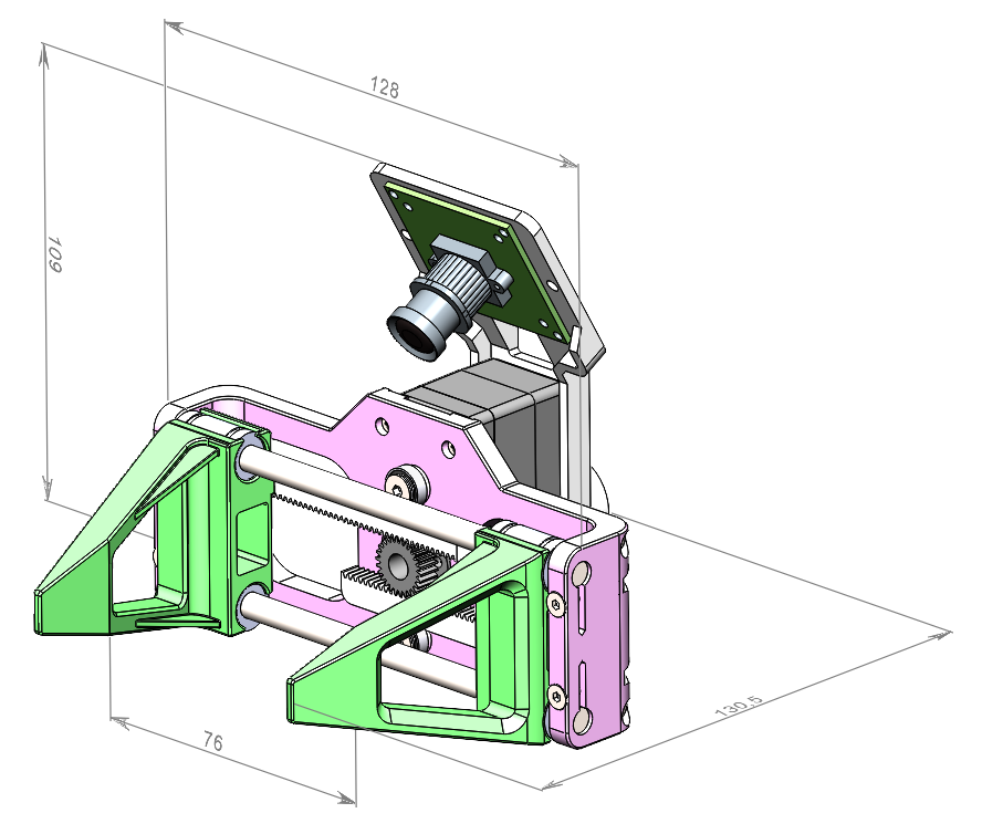 Robonine gripper 3D dimension diagram: 128 × 109 × 130.5 mm, 76 mm stroke